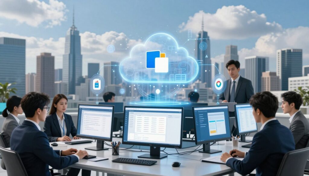 A futuristic digital workspace focused on cloud data recovery, showcasing sleek computer screens displaying data analytics and backup timelines. In the foreground, a diverse group of professionals in business attire collaborate around a high-tech table, analyzing recovery processes. The middle ground features a holographic cloud interface with icons for Microsoft 365 and Google Workspace, symbolizing data flow and security. In the background, a city skyline with expansive skyscrapers under a blue sky filled with scattered clouds reflects a modern, innovative atmosphere. Soft lighting creates a dynamic yet professional mood, emphasizing productivity and reliability in data management. The scene should convey the essence of secure data recovery with a title 