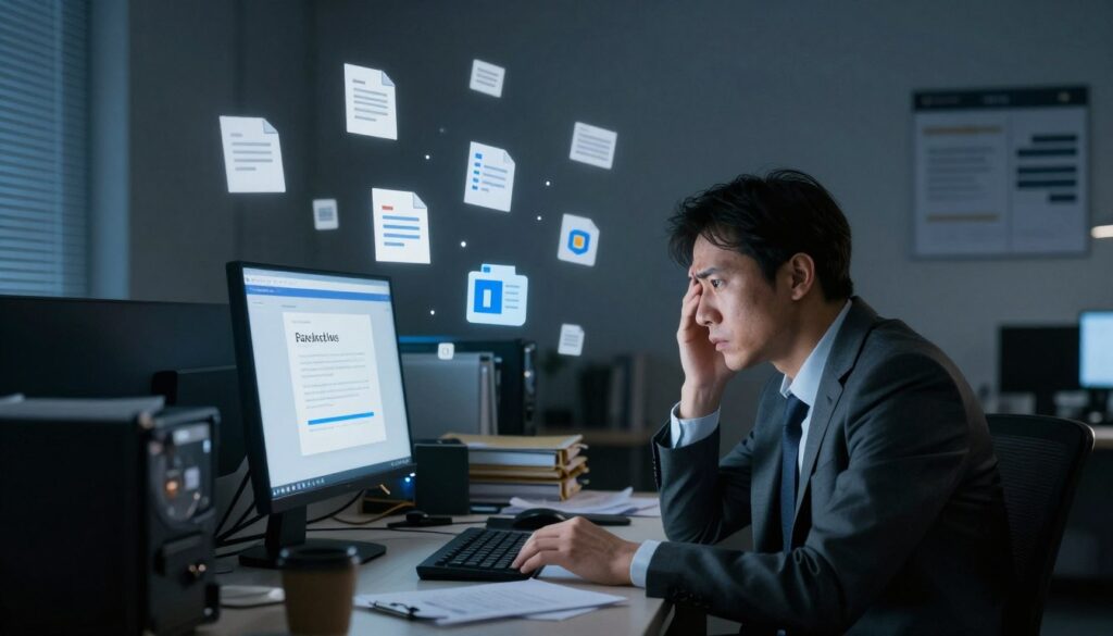 A visually compelling image illustrating the risks of not having proper backups for Microsoft 365 and Google Workspace. In the foreground, a worried business professional in business attire sits at a cluttered desk, staring at a computer screen displaying an error message about data loss. In the middle ground, an array of digital icons representing lost documents and unprotected data float ominously around, conveying a sense of chaos. The background features a dimly lit office environment with shadowy files and hard drives, symbolizing missed opportunities for recovery. Soft, dramatic lighting casts shadows, highlighting the tension in the scene. The color palette includes deep blues and grays to evoke a somber atmosphere of urgency and concern. The brand name 
